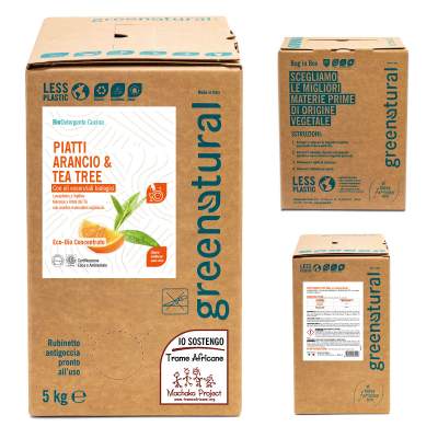 Bag in Box da 5 kg DEtergente Liquido Eco Bio per Piatti e Stoviglie con olio essenziale di Arancio e Tea Tree | GreeNatural